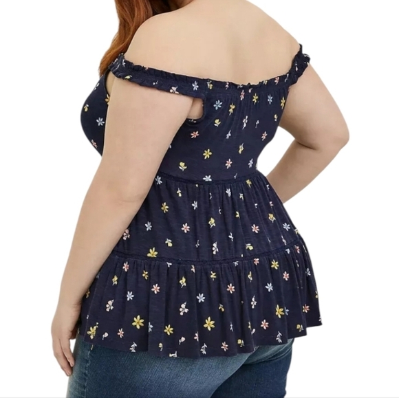 Torrid Womens Navy Ditsy Super Soft Slub Tiered Off the Should Top Size 4X - Picture 2 of 12